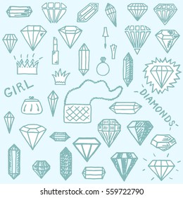 Vector illustration set of different freehand drawn cartoon diamonds and other things