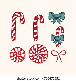 Vector illustration set of different freehand drawn cartoon christmas striped sugar candies bonbon spiral sticks and bows made in kid childish style