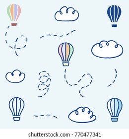 Vector illustration set of different freehand drawn cartoon paper balloons with tracks and clouds made in kid childish style in different variations of colors
