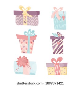 vector illustration set of different gift boxes with ribbons. beautiful boxes in wrapping paper