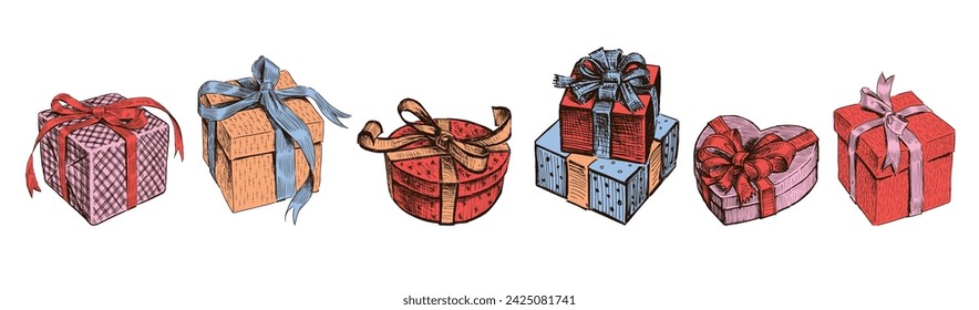 Vector illustration of set different gifts boxes with ribbons tied in decorative bows, isolated on white