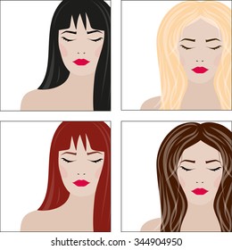 Vector illustration. A set of different girls. Brunette, blonde, red, brown hair. Makeup.