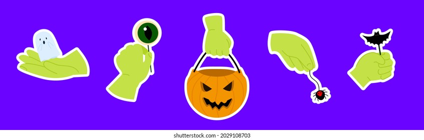Vector illustration set of different hand gestures with halloween elements. Green hand with ghost, pumpkin, spider and candy in form of a eyeball or bat. Spooky icons for festive decorations. 