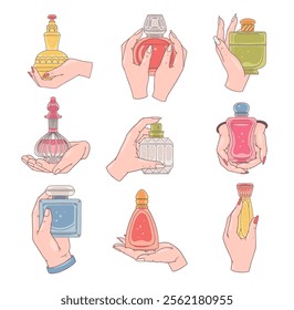 Vector illustration of a set of different hand positions with perfume bottles of various shapes. Perfume in hands. Human hands hold glass bottles of perfume. Flat cartoon style. Isolated background.