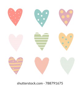 Vector illustration of set of different hearts with lines and dots. 