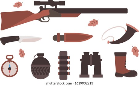 Vector illustration of set of different hunting equipment for forest wild hunting animal on white background. Flat style design for web, site, banner, poster