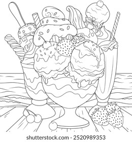 Vector illustration, set of different ice cream, coloring book