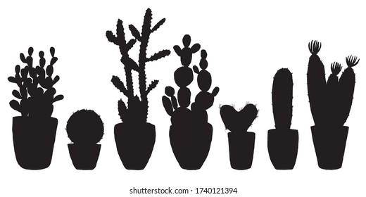 Vector illustration set different kinds of houseplants. Black cactuses silhouette in pots isolated on white background. Sticker hand drawn set.