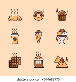 Vector illustration set of different kinds of fast food such as sweets, baked goods, ice cream popcorn, snacks and beverages. Junk food and unhealthy lifestyle.