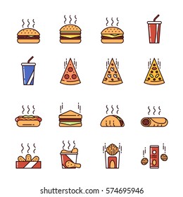 Vector illustration set of different kinds of fast food such as snacks, beverages, burgers, pizzas, mexican food, fried potatoes and meat on white background. Junk food and unhealthy lifestyle.