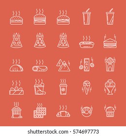 Vector illustration set of different kinds of fast food such as snacks, beverages, burgers, pizzas, mexican food, fried potatoes and meat on colored background. Junk food and unhealthy lifestyle.