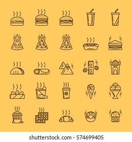 Vector illustration set of different kinds of fast food such as snacks, beverages, burgers, pizzas, mexican food, fried potatoes and meat on colored background. Junk food and unhealthy lifestyle.