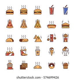 Vector illustration set of different kinds of fast food such as snacks, beverages, burgers, pizzas, mexican food, fried potatoes and meat on white background. Junk food and unhealthy lifestyle.