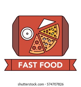 Vector illustration set of different kinds of pizza on white background with lettering on a red ribbon. Junk food and unhealthy lifestyle topic.