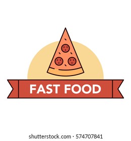 Vector illustration set of different kinds of pizza on white background with lettering on a red ribbon. Junk food and unhealthy lifestyle topic.