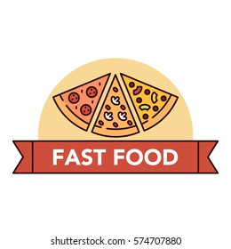 Vector illustration set of different kinds of pizza on white background with lettering on a red ribbon. Junk food and unhealthy lifestyle topic.