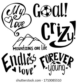 vector illustration, set of different lettering, doodle drawing in black, isolate on a white background