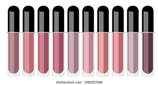 Vector illustration of a set of different lipsticks in a transparent tube and black cap