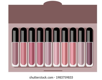 Vector illustration of a set of different lipsticks in a transparent tube and black cap