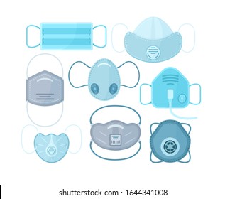 Vector illustration set of different medical masks. Face pollution mask collection. Breathe protective devices, allergy of smog and dust concept, masks for hospital, cough.