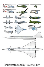 Vector illustration set of different modern airplanes and helicopters. isolated on white background.