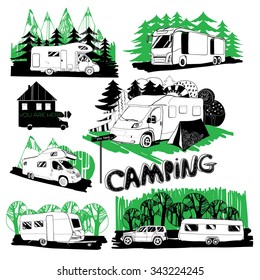 Vector illustration set of different motor-homes and points camping with forest background. Logo graphic design