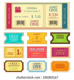 vector illustration of set of different movie ticket