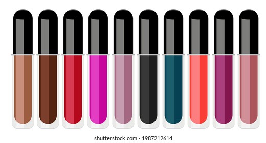 Vector illustration of a set of different multicolored lipsticks in a transparent tube and black cap