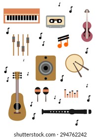 Vector illustration set of different musical instruments, guitar, piano, violin, drum, flute