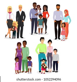 Vector illustration set of different nationals couples and families. People of different races, nationalities white, black and asian , ages, with baby, boy, girl happy and smiley on white background.