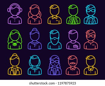 Vector illustration of set of different neon color character head of man and woman on black background. Line art style design of cartoon character for banner, web, site, sticker