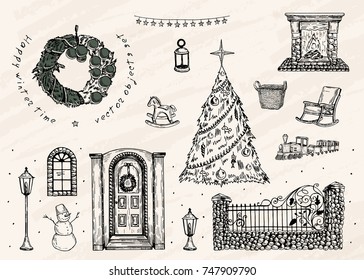 Vector illustration. Set of different objects. Winter and vacation time. Decor elements, outdoors and indoors . Snowman.  Vector pen style sketch.