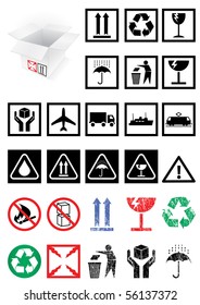 Vector illustration set of different packing symbols, e.g. fragile, recycle. All vector objects and details are isolated and grouped. Colors and transparent background are easy to adjust.