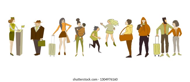 Vector illustration. Set of different people. Boarding a flight.