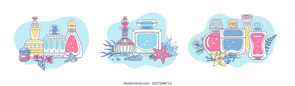 Vector illustration of a set of different perfume bottles with different aromas and ingredients. Perfume bottles of different shapes with notes of amber, vanilla, spruce and others. Flat style.