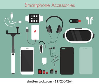 Vector illustration set of different phone accessories on green background. Smartphone with power bank, charger and headphones, watch, 3D reality glasses and others accessories in flat style.