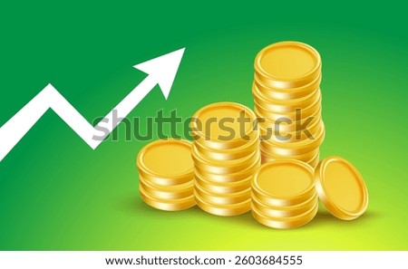 Vector illustration of set of different pile of shine golden coin. 3d realistic style design of gold coin stack with arrow growth up, income graph, game chip, money cash symbol for gambling and casino