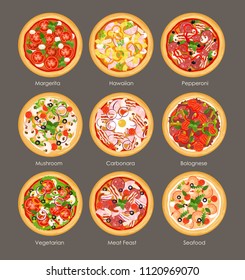 Vector Illustration Set Of Different Pizza Top View With Ingredients. Italian Tasty And Bright Colors Pizza, Vegetarian, Mushroom, Hawaiian And Meat Feast In Flat Cartoon Style On Grey Background.