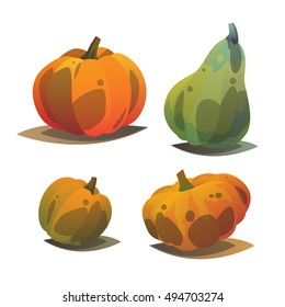 Vector illustration with set of different pumpkins. Autumn colorful orange green pumpkins. Modern cartoon style with gradient. Season harvest vegetable collection. Element for design, postcard or web.