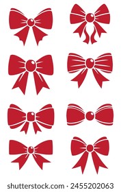 Ilustración vectorial. Conjunto de diferentes arcos rojos. Plantilla adhesiva.