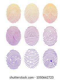 Vector illustration set of different shape fingerprint with color gradient in line style on white background.