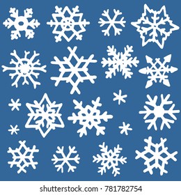 Vector illustration set of different shapes freehand drawn cartoon winter snowflakes made in kid childish style