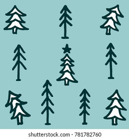 Vector illustration set of different shapes freehand drawn cartoon trees fir trees made in kid childish style