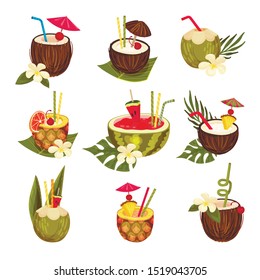 Vector Illustration Set With Different Smoothies In Fruits With Straws, Cherries, Umbrellas, Vanilla Flowers And Palm Leaves. For Brochures, Banners, Advertising Or Menu