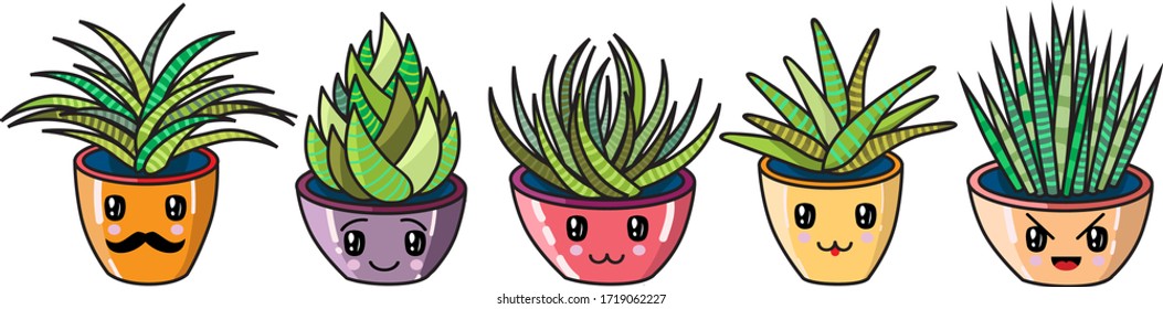 Vector illustration of a set of different succulents and cacti. Kawaii cute style. Big set for background, packaging paper, stickers 
