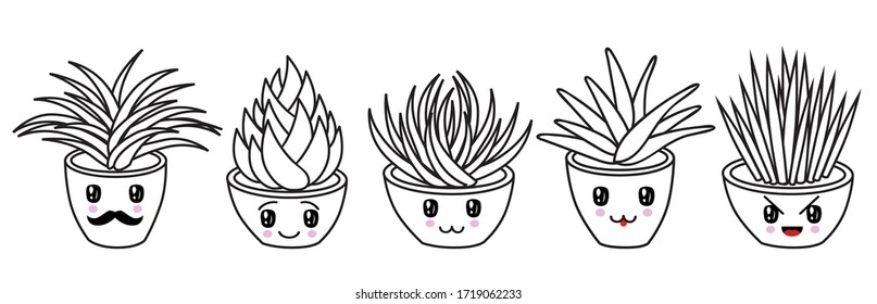 Vector illustration of a set of different succulents and cacti. Kawaii cute style. Big set for background, packaging paper, stickers 