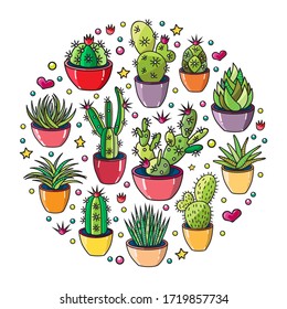 Vector illustration of a set of different succulents and cacti. Big set for background, packaging paper, stickers for children