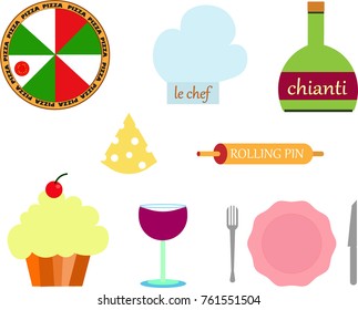 Vector illustration set of different symbols for kitchen and restaurant menu use featuring a pizza icon in Italian national colors, a chef's hat, wine, cupcake etc.