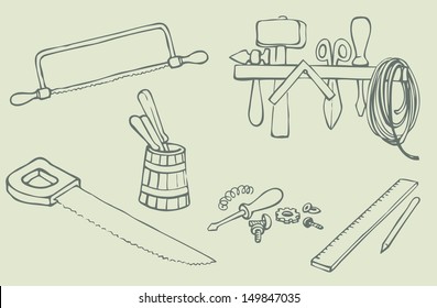 Vector illustration. Set of Different Tools Hand Drawn 