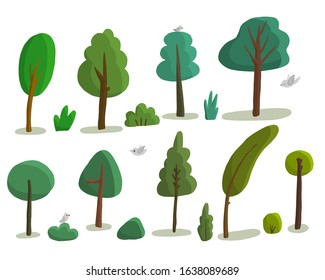 vector illustration of a set of different trees and bushes. Stylized cartoon trees of different shapes and birds